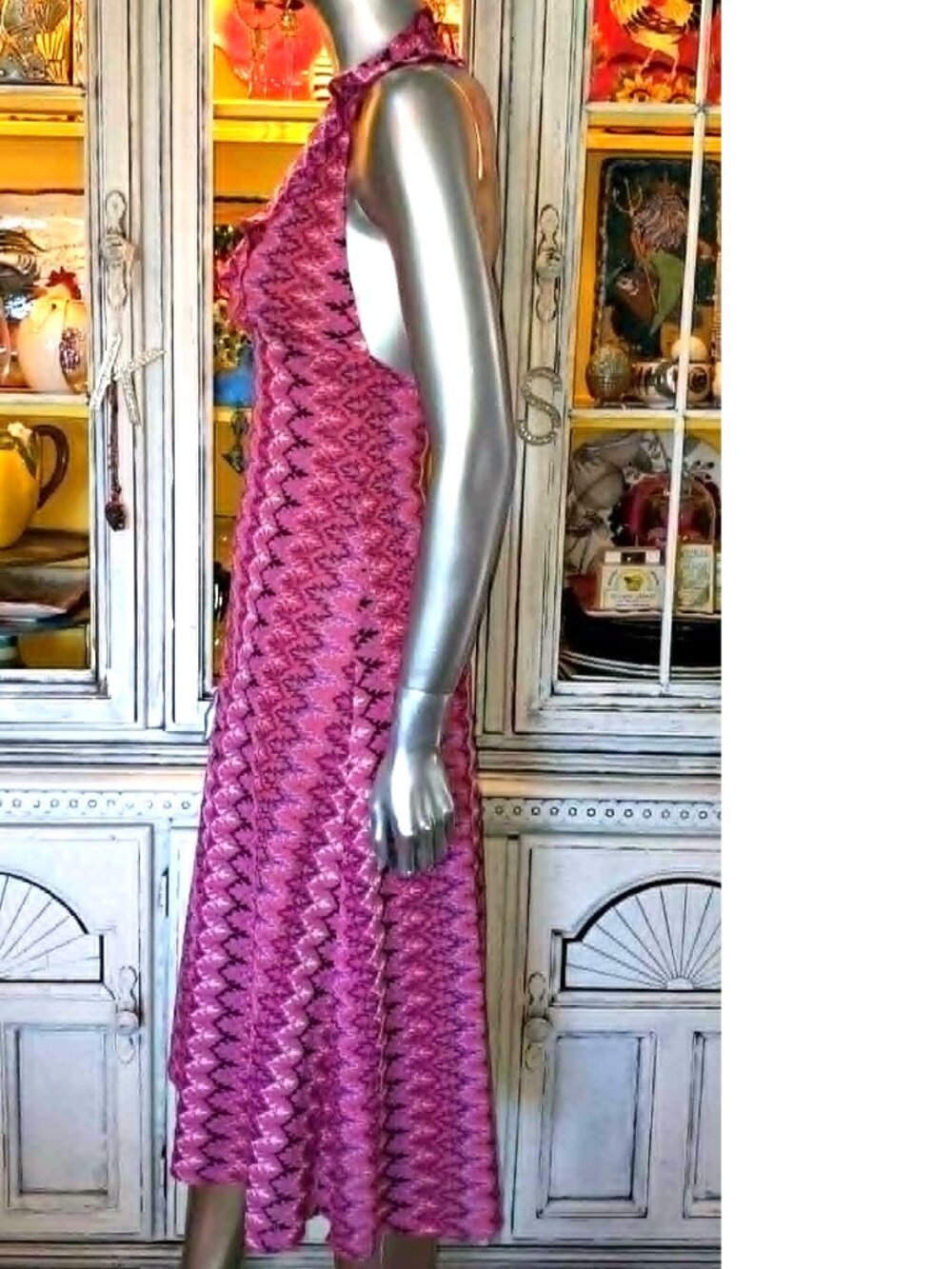 Betsey Johnson Vintage New York Y2K 90s Open Woven Knit Pink Midi Halter Dress S - Picture 8 of 16
